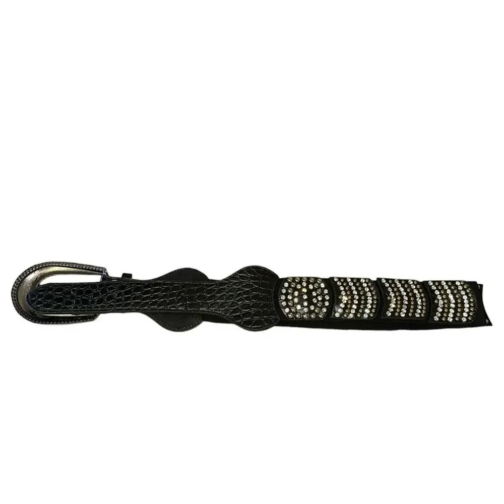 Black Croc Embossed Stretch Belt Rhinestone Buckle Statement Waist Belt OS